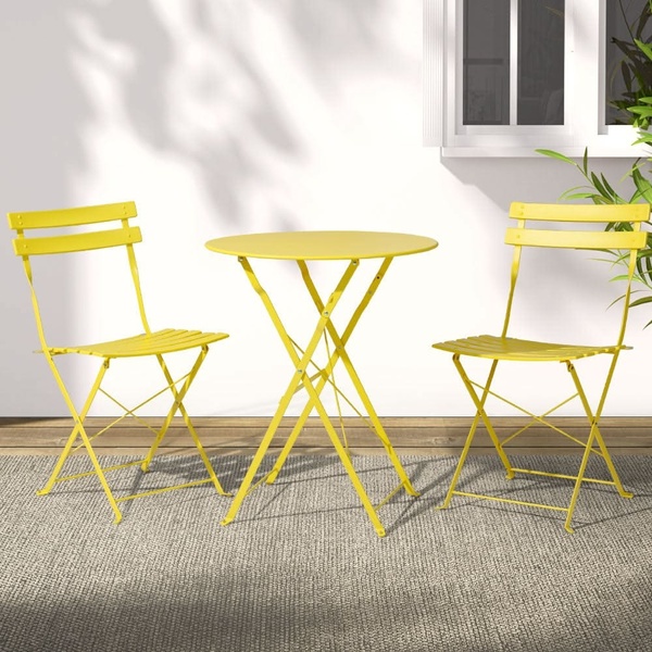 bistro set, patio furniture, outdoor table, metal chairs, outdoor dining set, folding bistro set, new arrival, lifestyle, fresh, playful, yellow, neutral
